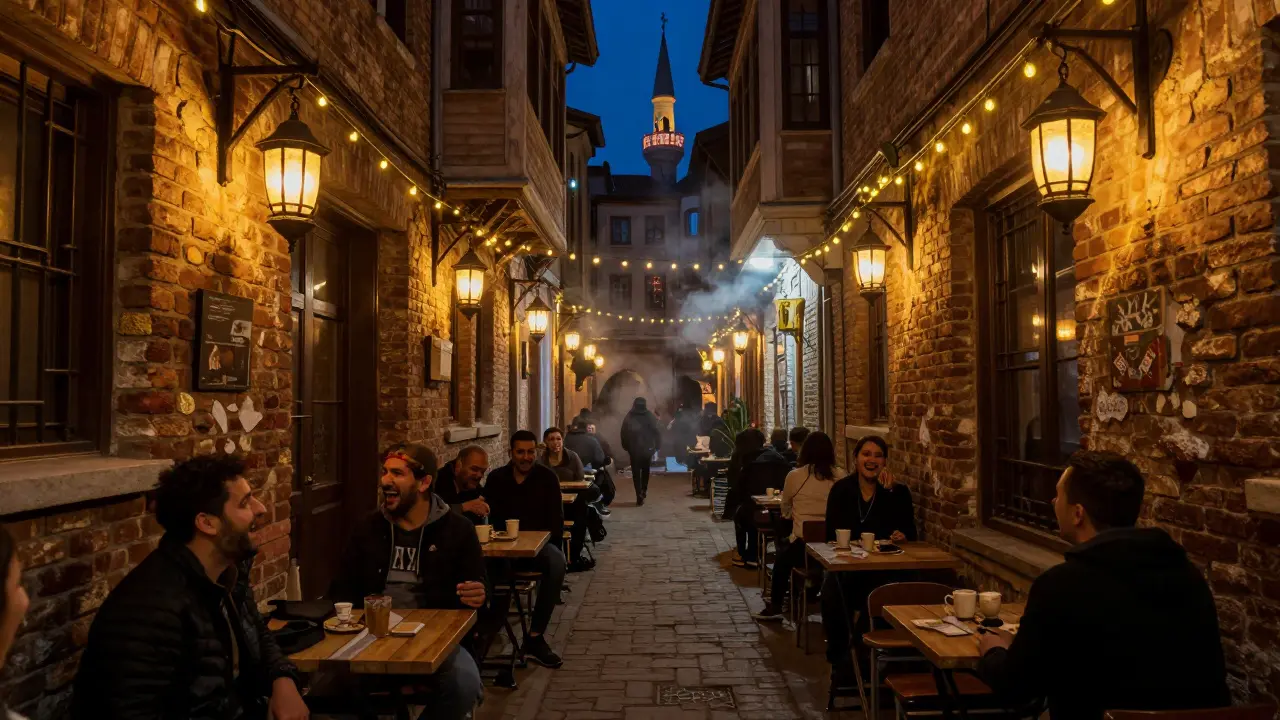 Underground music scene in Karaköy with dim lights, brick walls, and night atmosphere.
