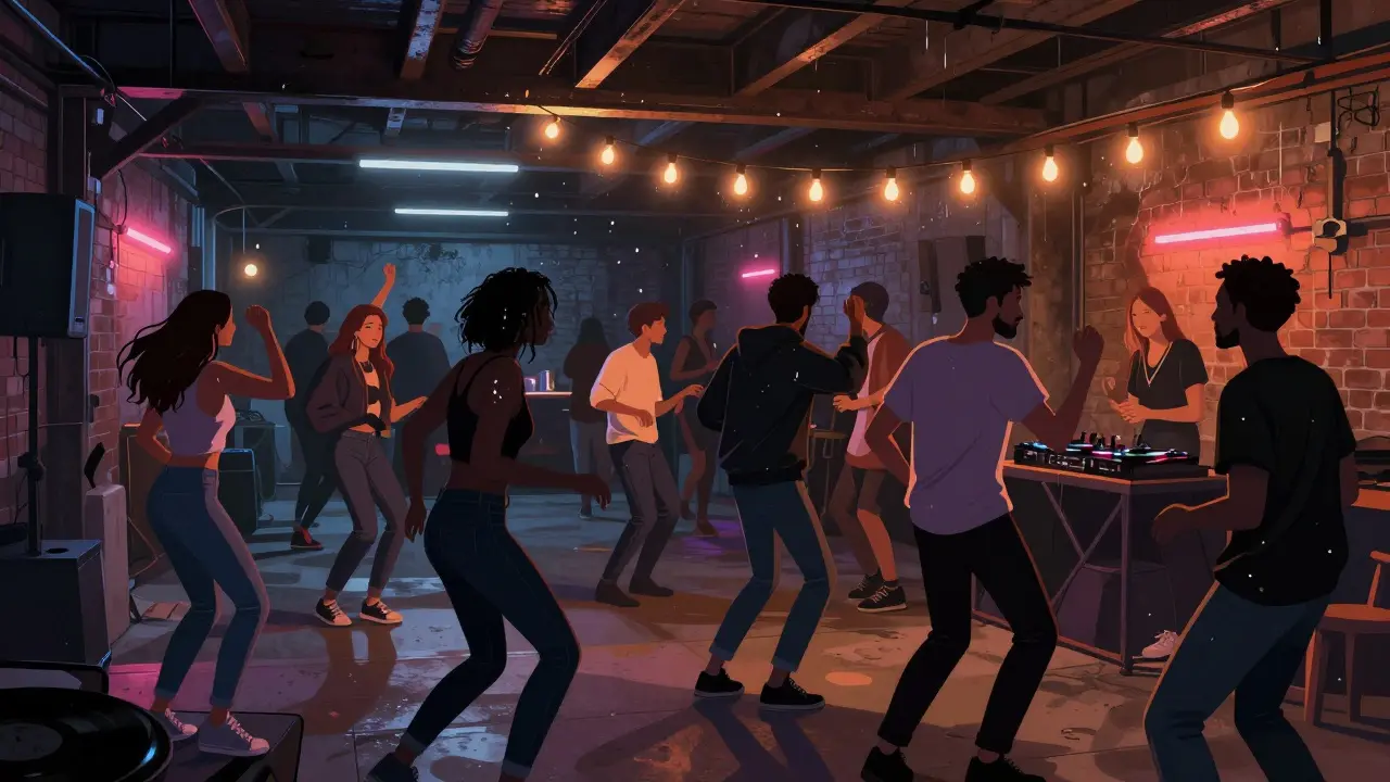 Underground warehouse party in Bovisa with dancers under neon lights and exposed brick walls.