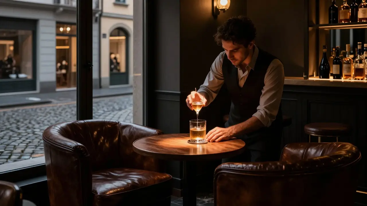 Upscale bar interior with leather chairs and dim lighting