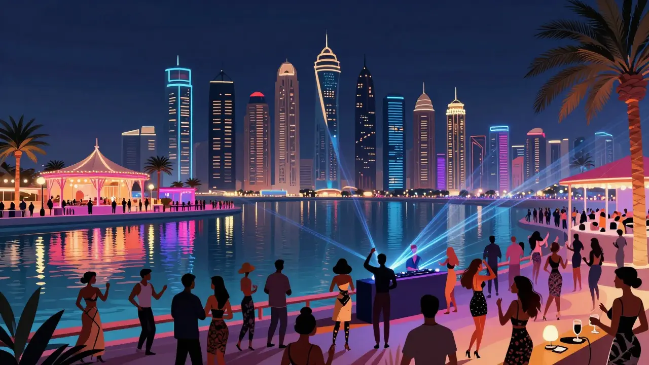 Vibrant Dubai Marina nightlife with beach clubs, neon lights, and water reflections under a starry midnight sky.