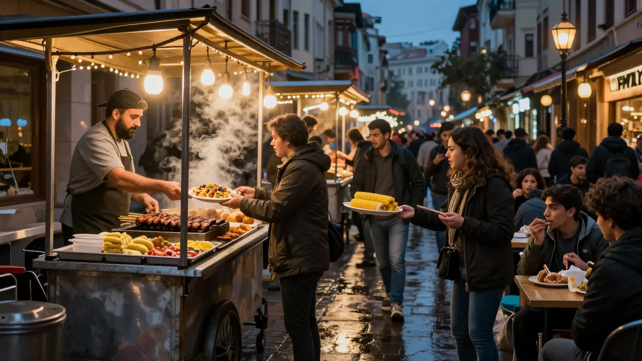 Vibrant night market on İstiklal Street with food carts, steaming dishes, and locals sharing meals under string lights.